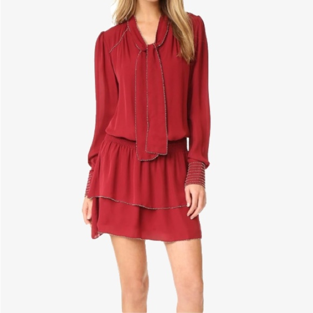 Parker Women's Marybeth Dress in Burgundy with Neck Tie and Silver-tone beads L